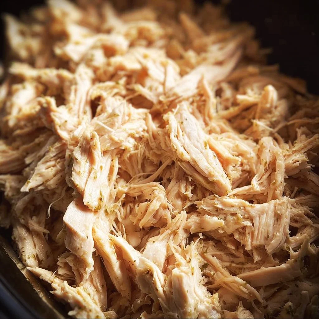 Crockpot shredded chicken in a bowl, showcasing its juicy texture and flavor.