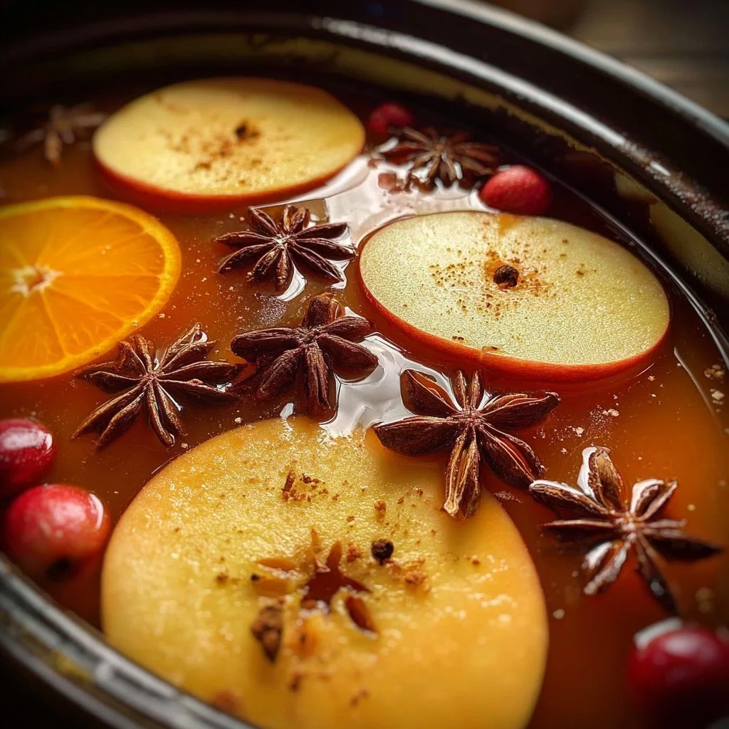 Crockpot spiced apple cider served in a mug with cinnamon sticks and apples.