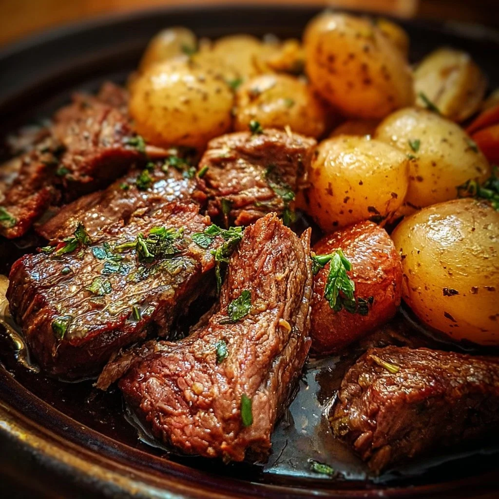 Crockpot steak and potatoes dish served on a plate
