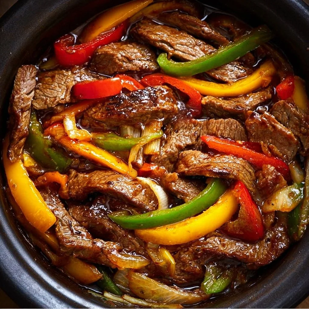 Crockpot steak fajitas served with peppers and onions in a bowl