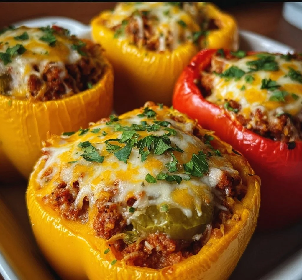Crockpot stuffed bell peppers filled with rice and ground meat