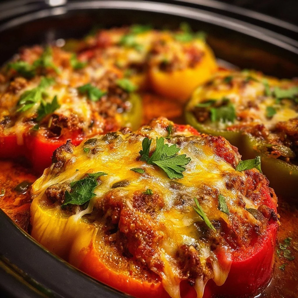 Crockpot stuffed pepper casserole in a serving dish with colorful peppers.