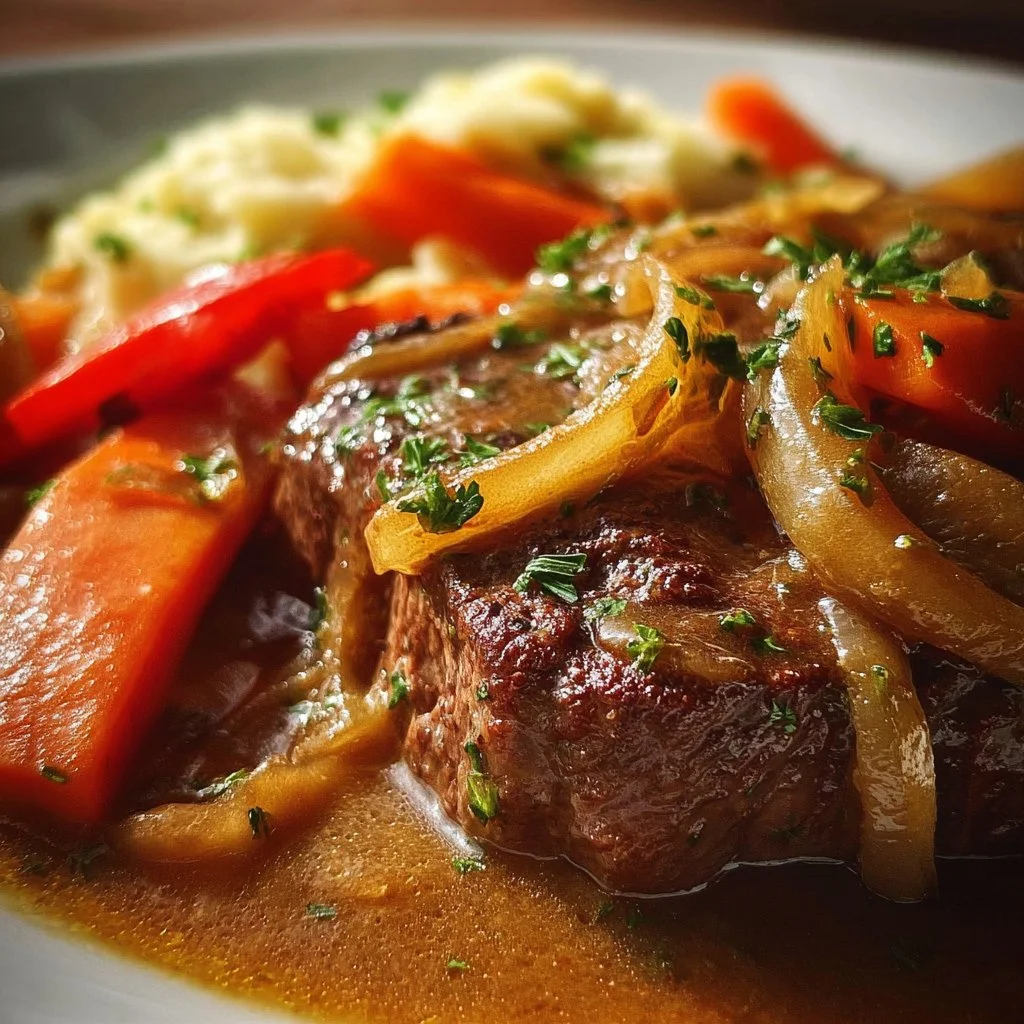 Tender Crockpot Swiss Steak served with vegetables and gravy