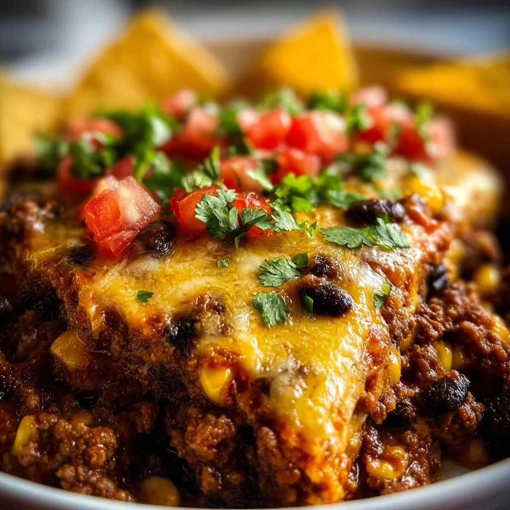 Delicious Crockpot taco casserole garnished with cilantro and cheese