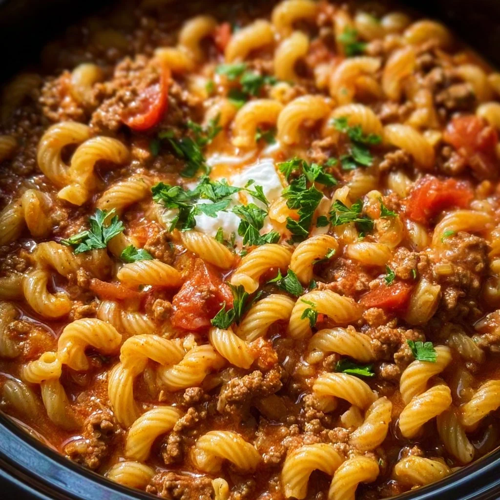 Delicious Crockpot Taco Pasta served in a bowl with toppings