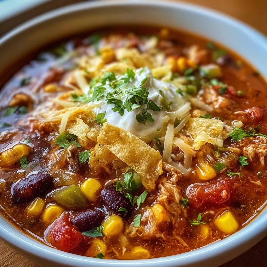 Crockpot taco soup in a bowl garnished with toppings like cheese and cilantro