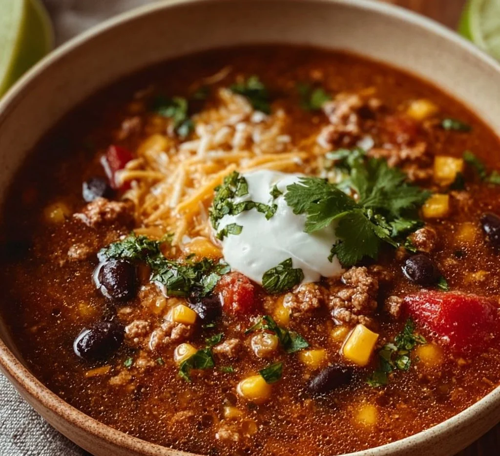 A bowl of delicious Crockpot Taco Soup topped with cheese and cilantro.