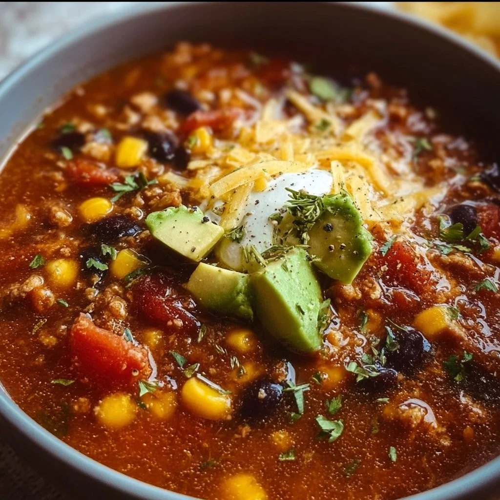 Crockpot Taco Soup in a bowl garnished with cilantro and cheese
