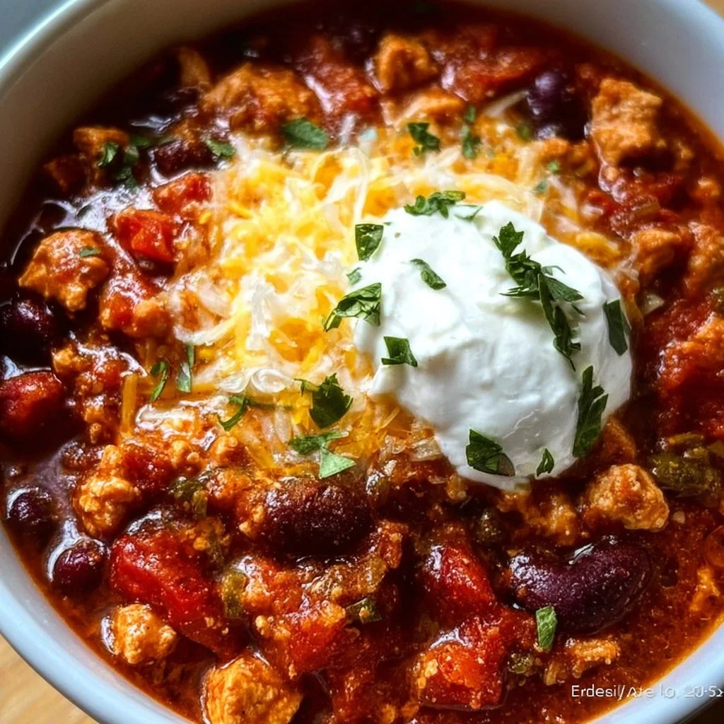 Bowl of cooked crockpot turkey chili garnished with herbs and ingredients