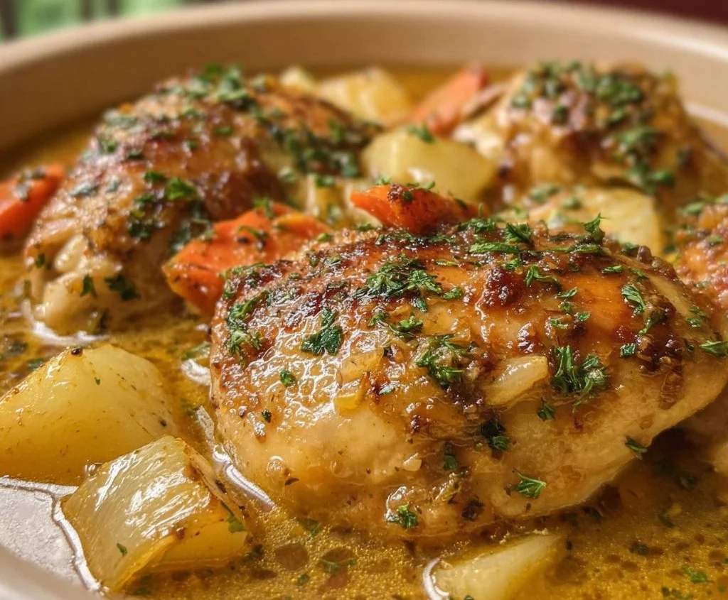 Delicious Crockpot Tuscan Chicken served with fresh herbs and vegetables