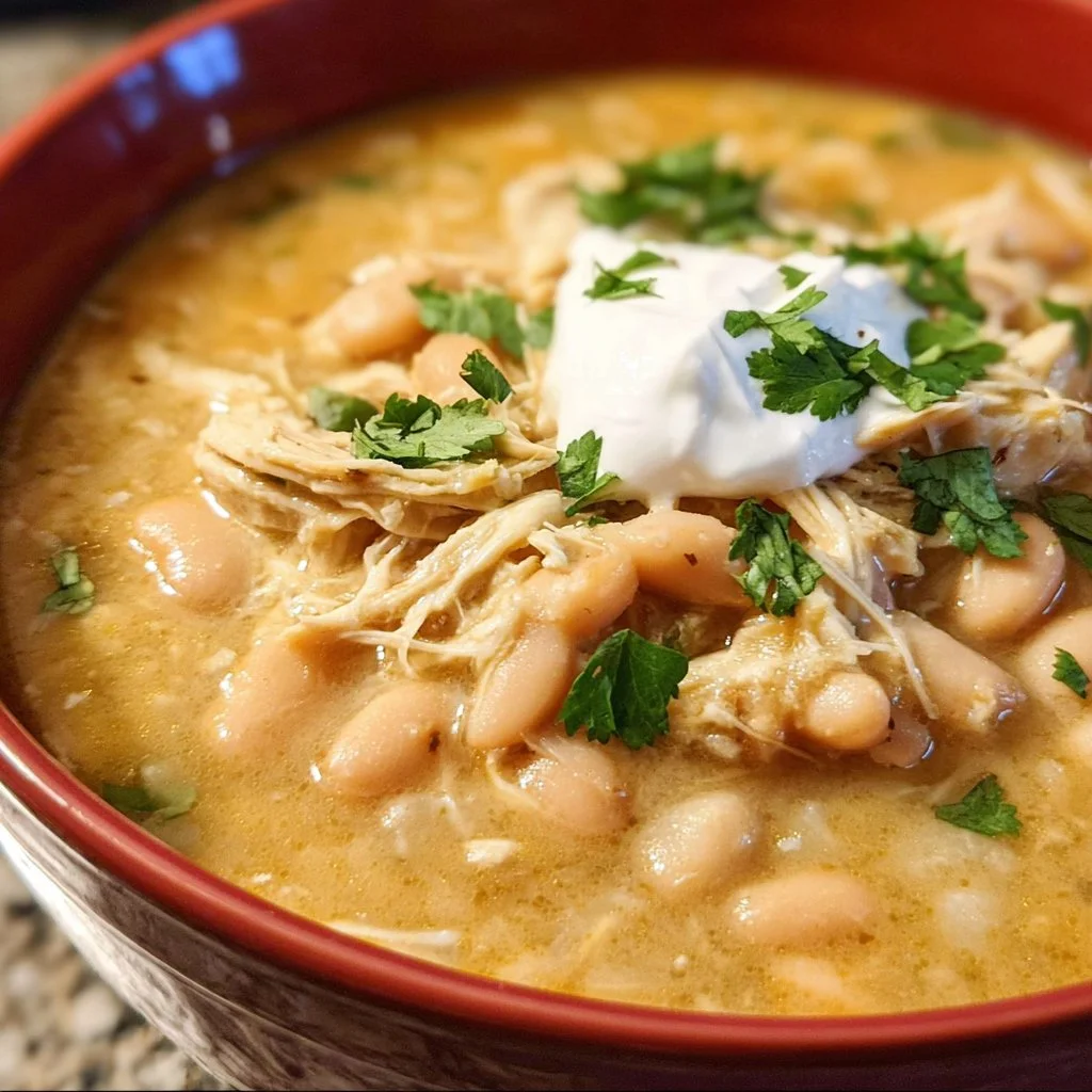 Delicious bowl of Crockpot White Chicken Chili topped with fresh cilantro