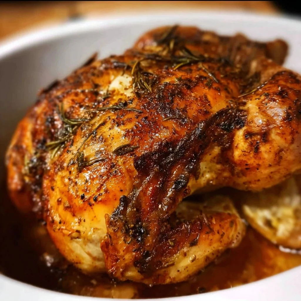 Crockpot whole chicken ready to serve with herbs and spices