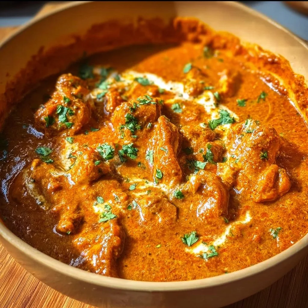 Dairy free butter chicken dish served with rice and herbs