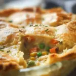 Dairy-free chicken pot pie served in a rustic bowl on a wooden table.