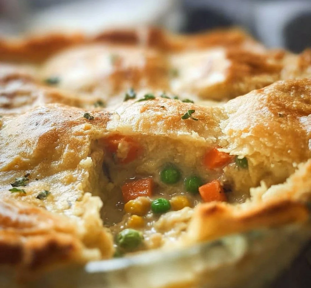 Dairy-free chicken pot pie served in a rustic bowl on a wooden table.