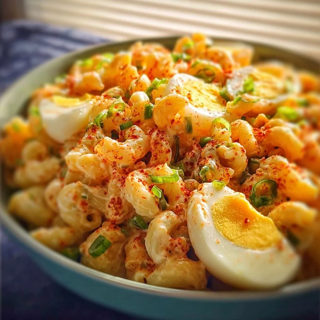 Delicious deviled egg macaroni salad in a bowl garnished with herbs