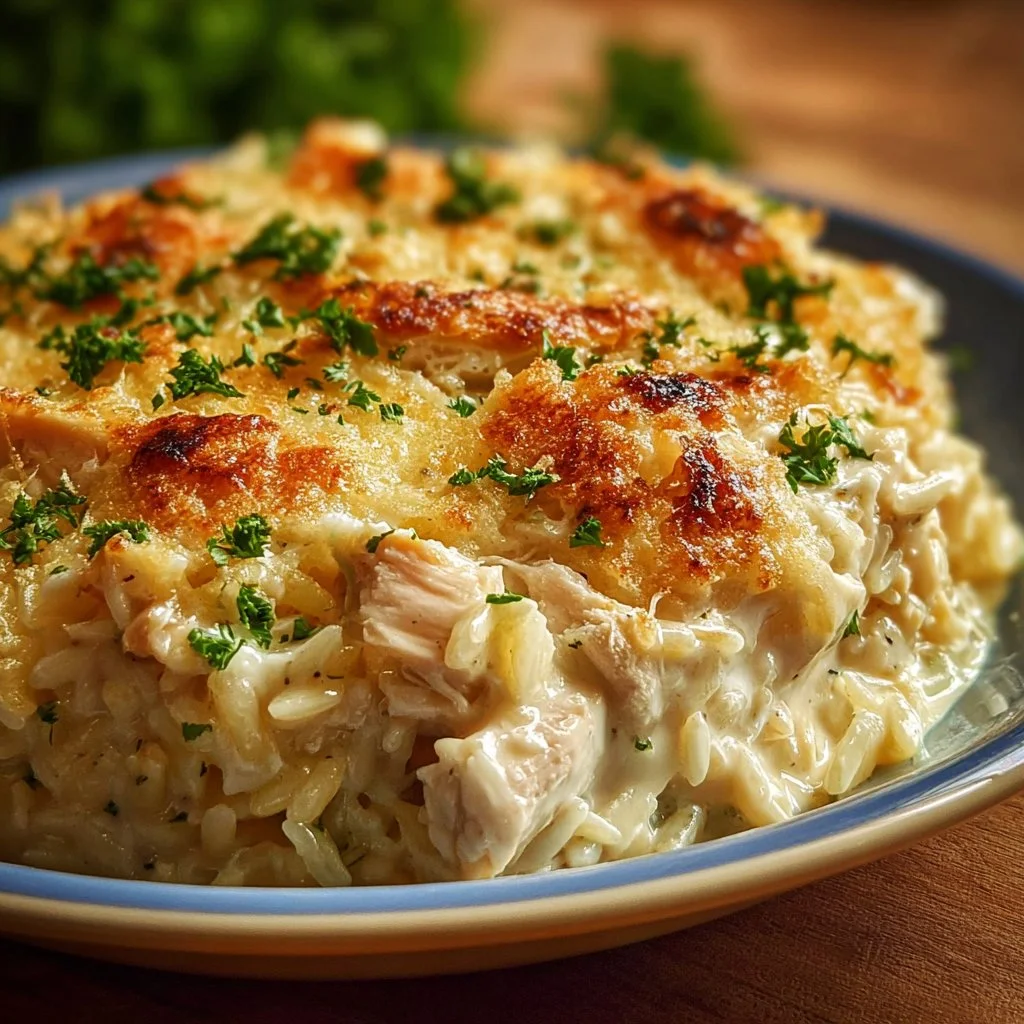 Dump-and-Bake Chicken Alfredo Rice Casserole served in a baking dish