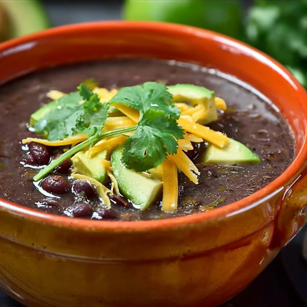 Bowl of easy and delicious black bean soup topped with fresh cilantro
