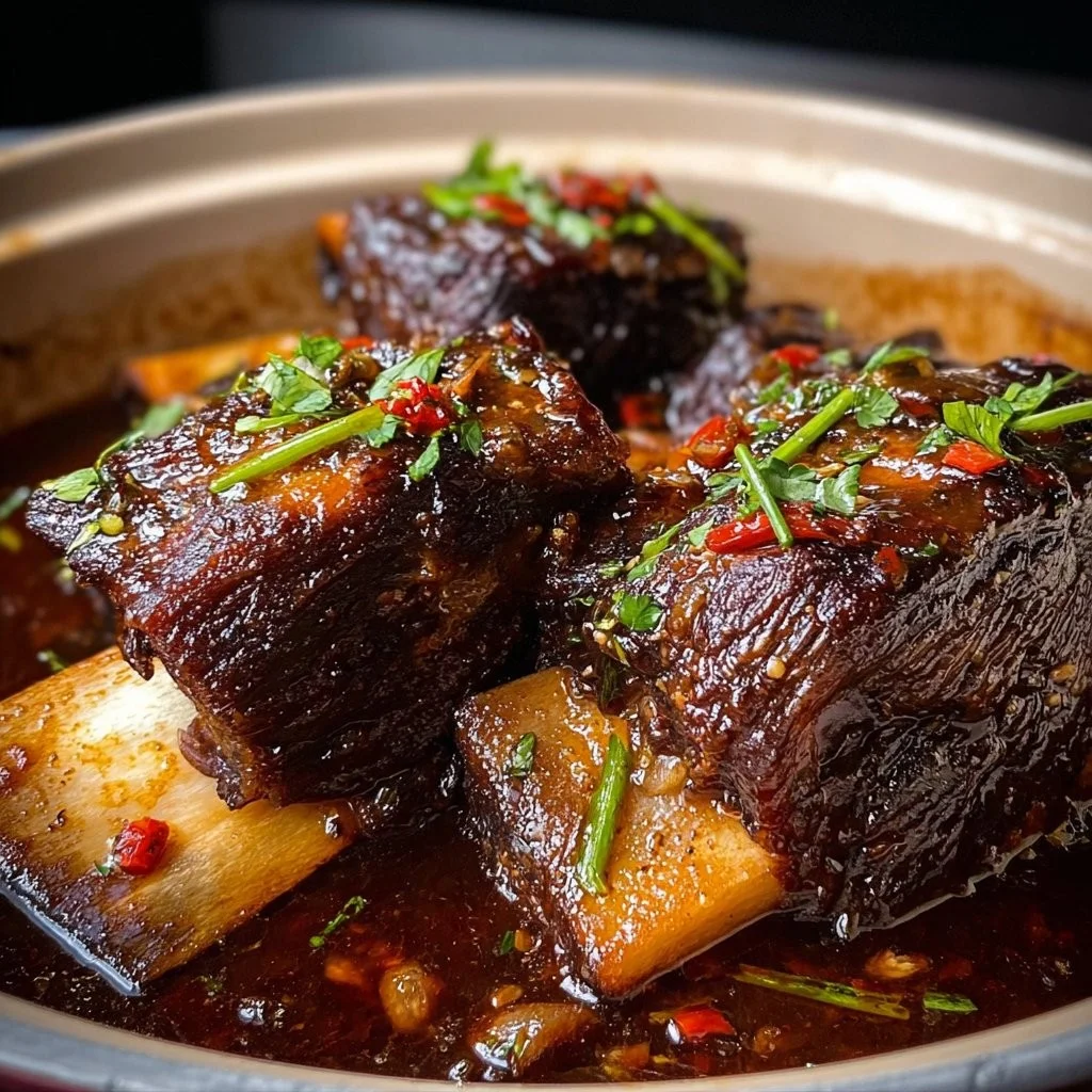 Slow-cooked beef short ribs in a crock pot with savory sauce and vegetables.