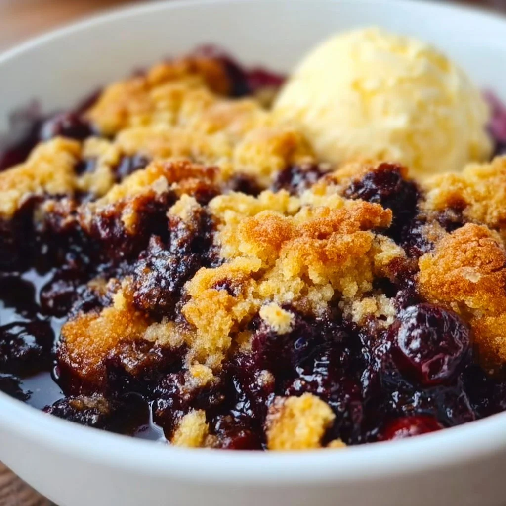 Delicious easy blueberry dump cake served with a scoop of vanilla ice cream