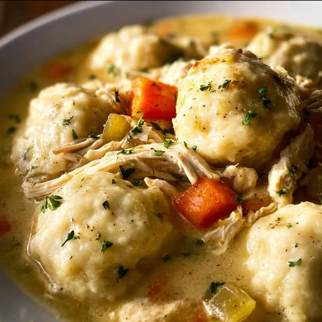 Bowl of easy chicken and dumplings with vegetables and herbs.