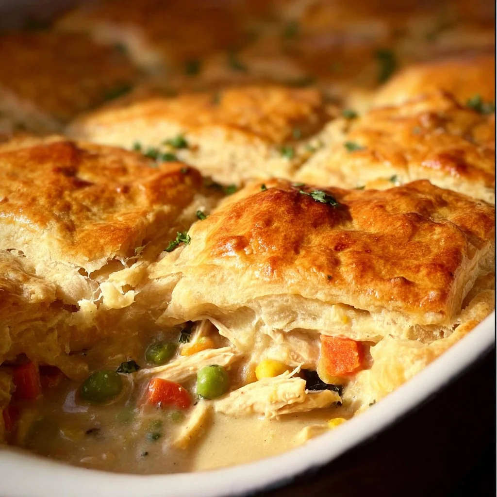 Delicious chicken pot pie made with crescent rolls, perfect for a family dinner.