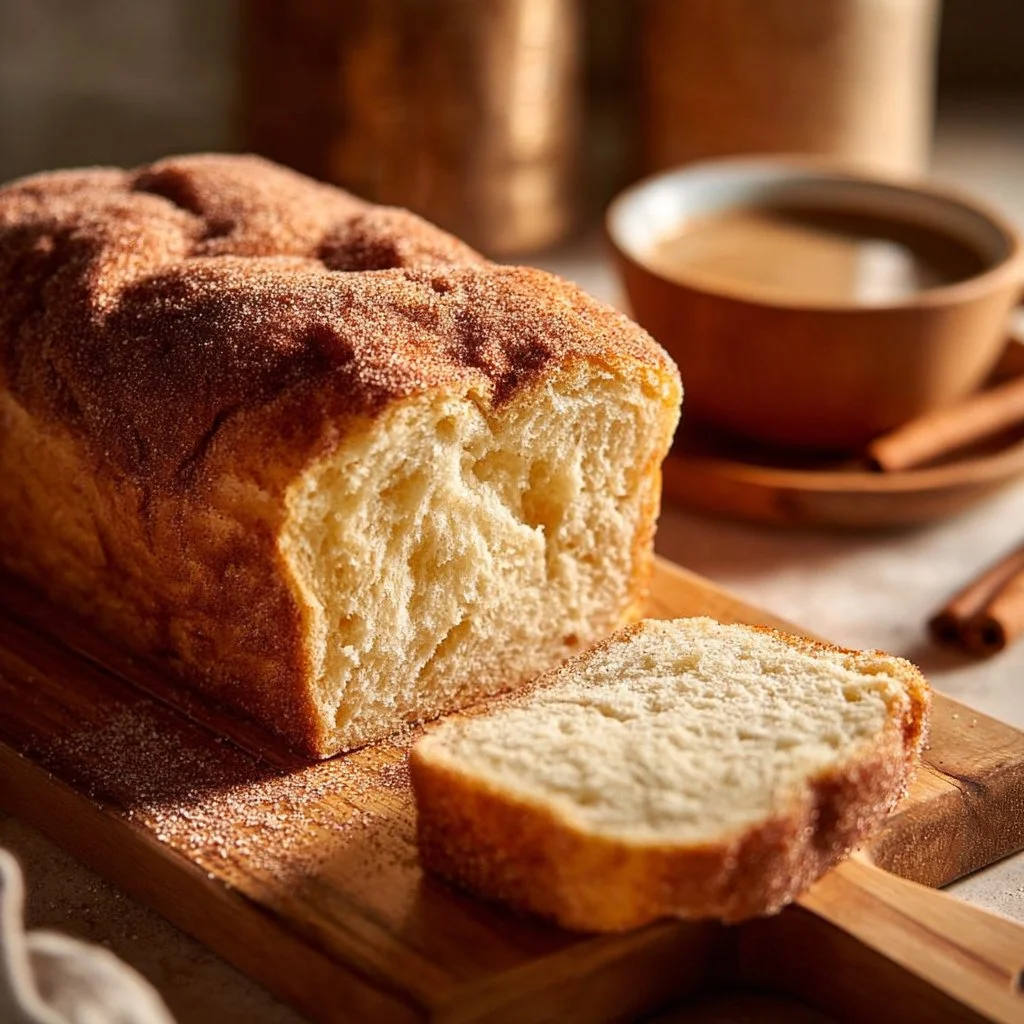Delicious slice of easy cinnamon donut bread topped with cinnamon sugar.