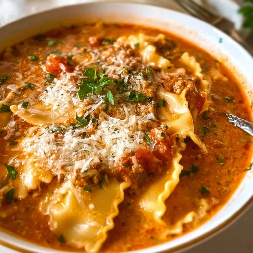 Bowl of creamy lasagna soup with melted cheese and herbs