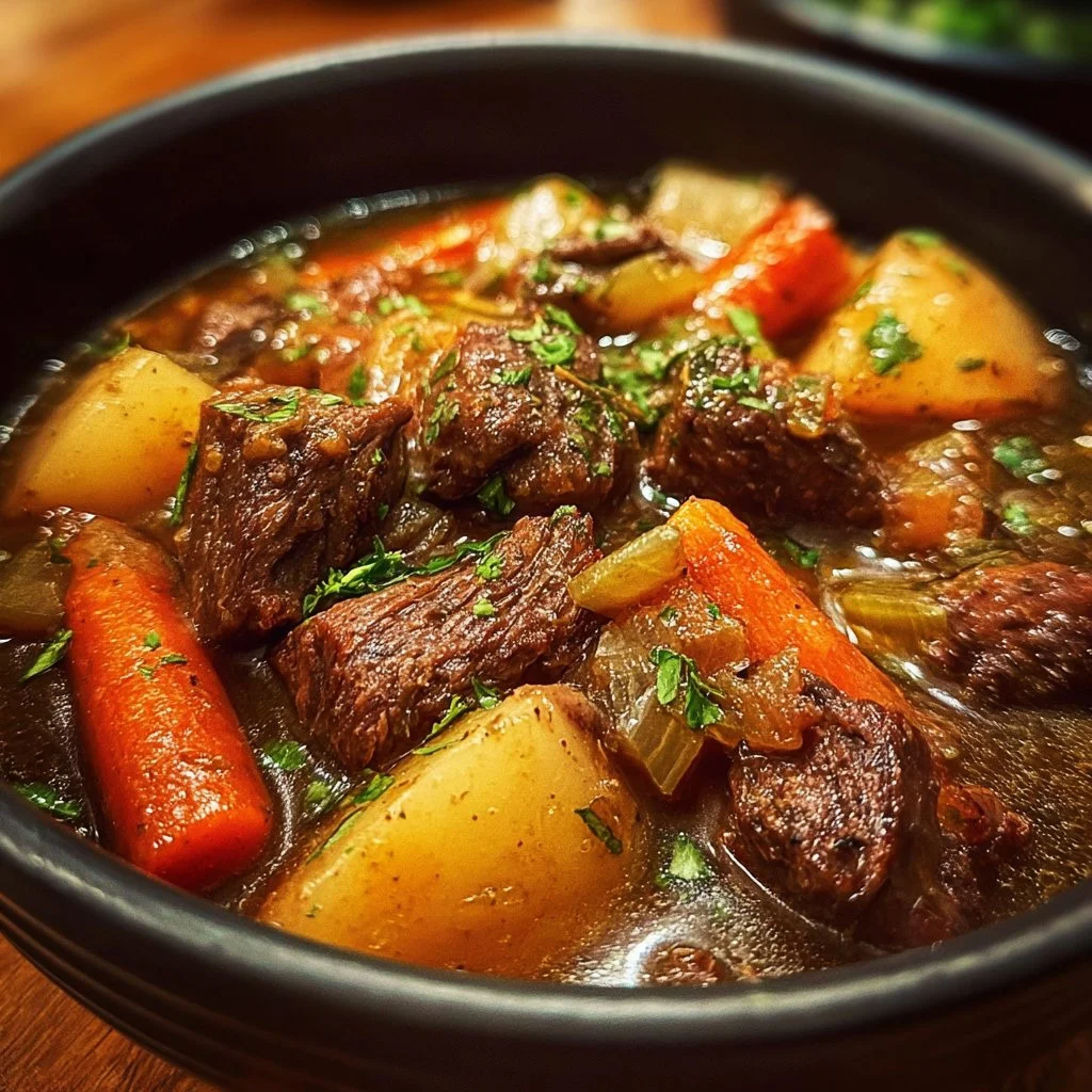 Bowl of easy Crock Pot beef stew with carrots and potatoes