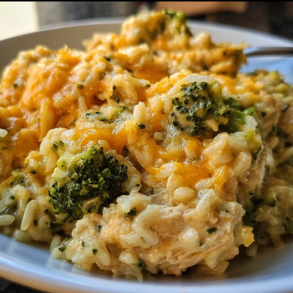 Crockpot cheesy chicken with broccoli and rice dish, creamy and delicious