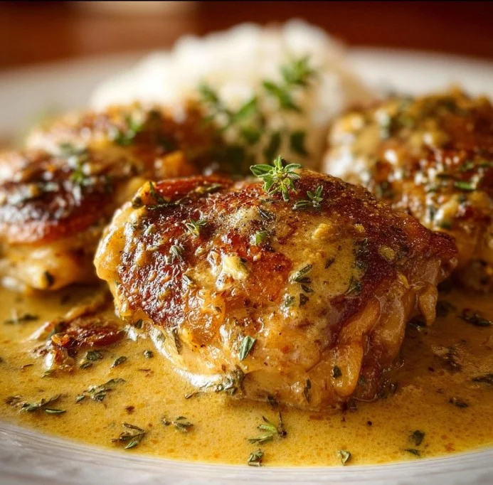 Delicious easy Crockpot chicken thighs in creamy gravy served on a plate