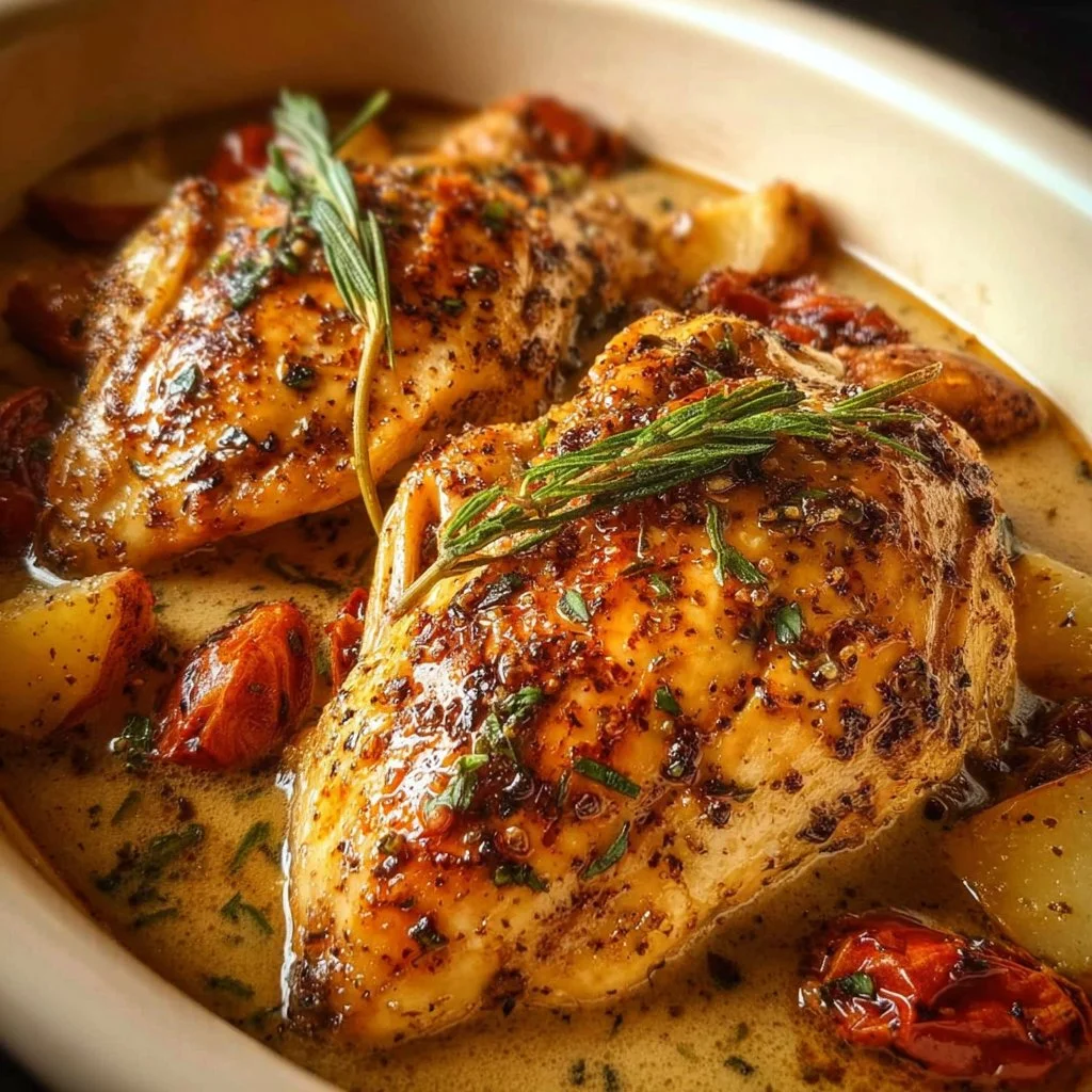 Easy Crockpot Marry Me Chicken served with fresh herbs and side vegetables