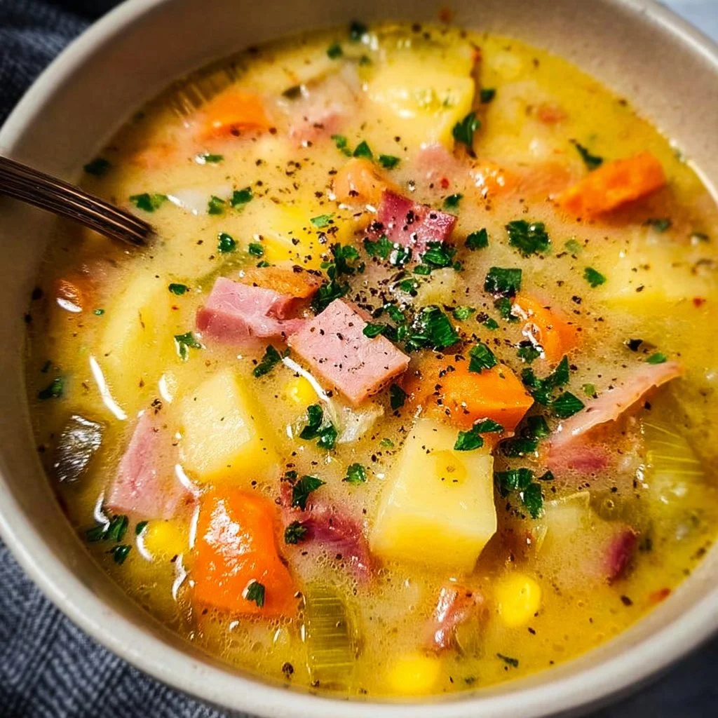 Bowl of easy ham and potato soup topped with herbs