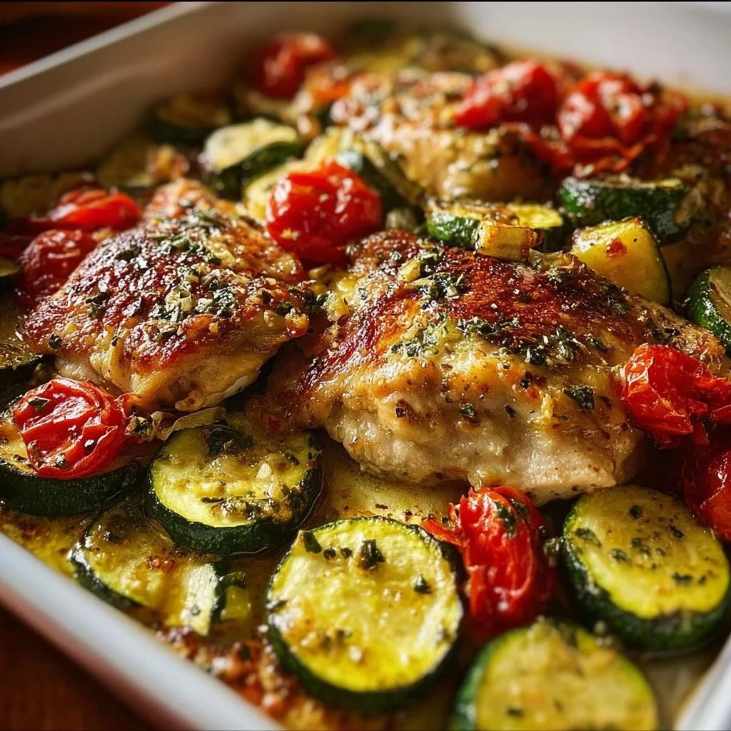 Delicious easy sheet pan Mediterranean chicken with zucchini