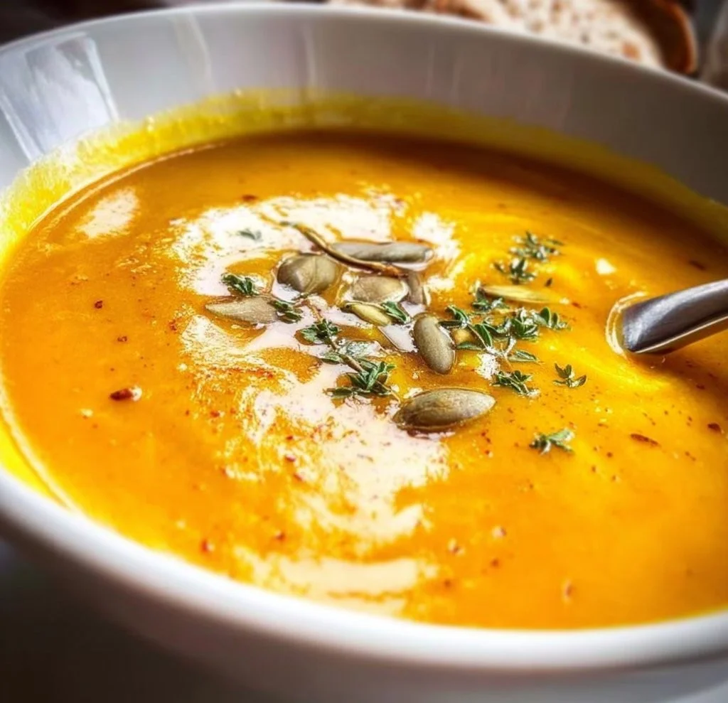 Bowl of easy pumpkin soup garnished with herbs and spices