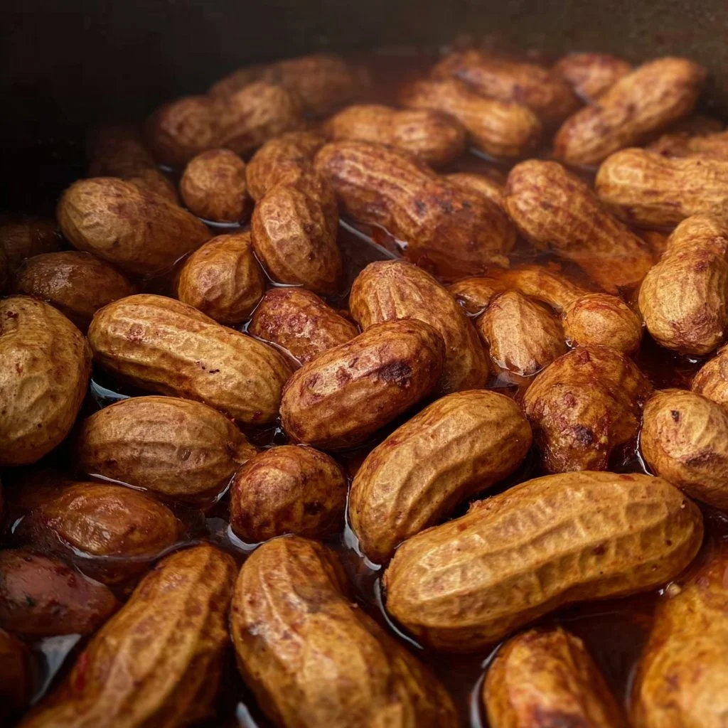 Bowl of slow cooker Cajun boiled peanuts with spices