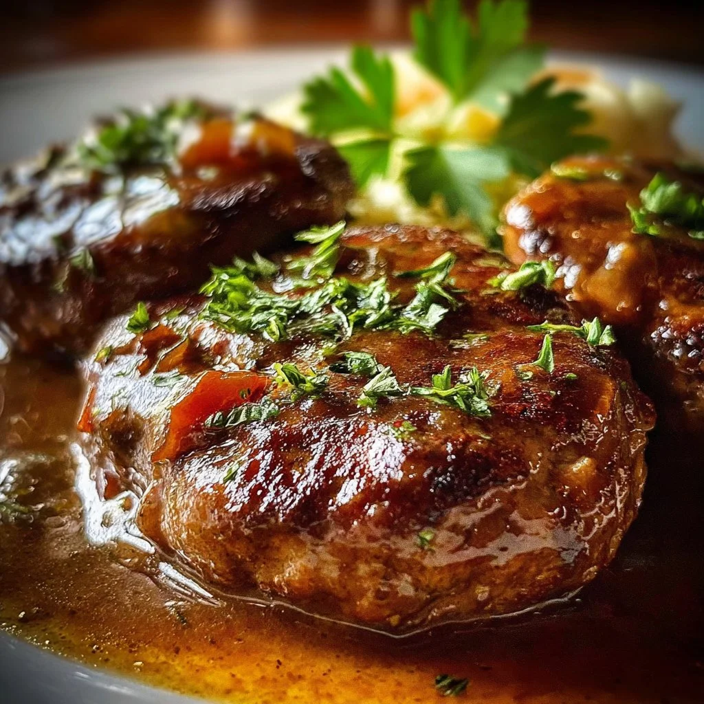 Delicious slow cooker Salisbury steaks served with gravy and mashed potatoes