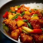 Delicious plate of easy sweet and sour chicken with colorful vegetables
