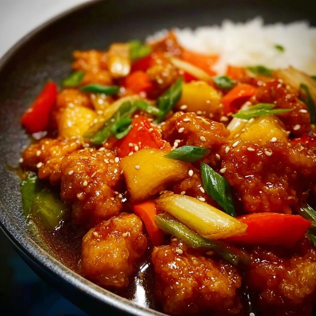 Delicious plate of easy sweet and sour chicken with colorful vegetables