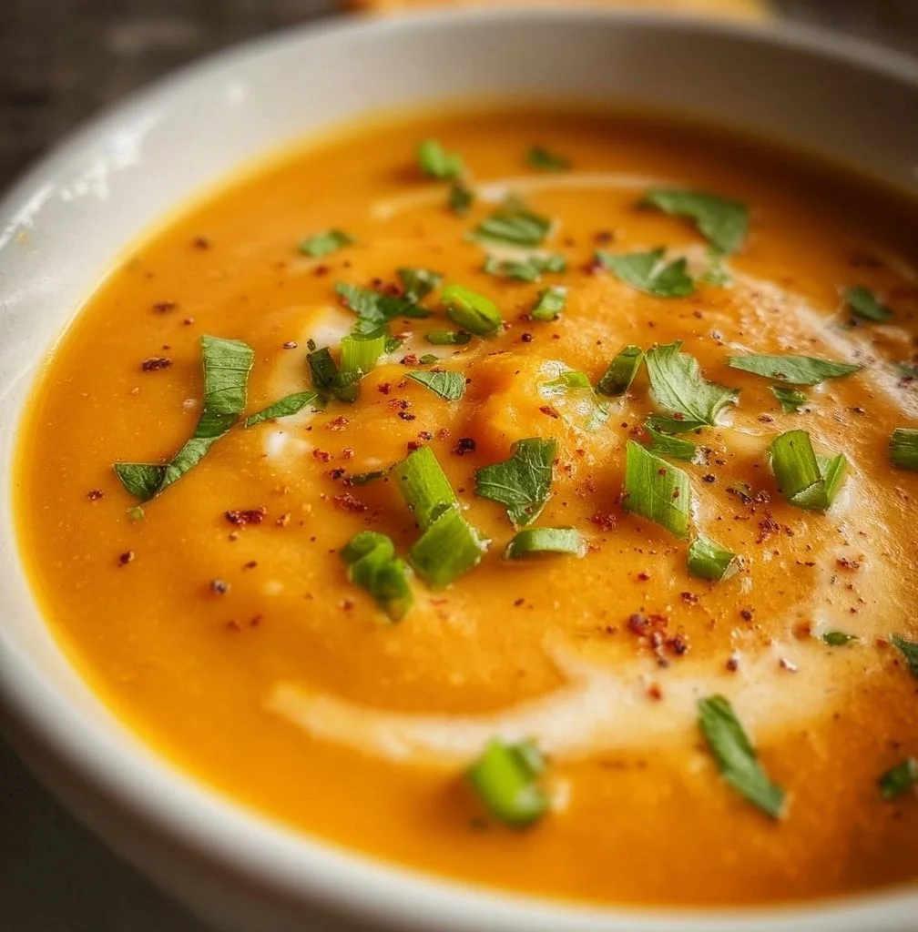 Bowl of easy sweet potato soup garnished with herbs and spices