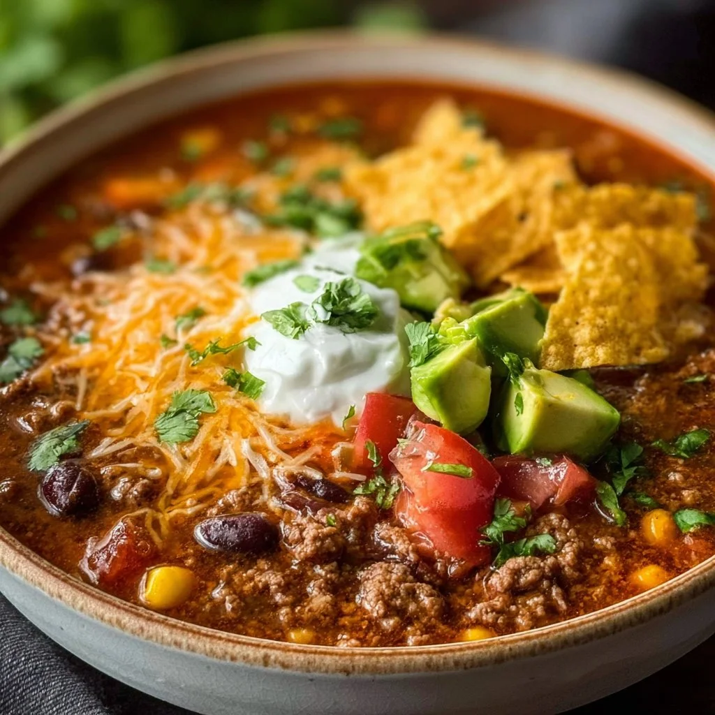 Bowl of easy taco soup garnished with cilantro and tortilla chips
