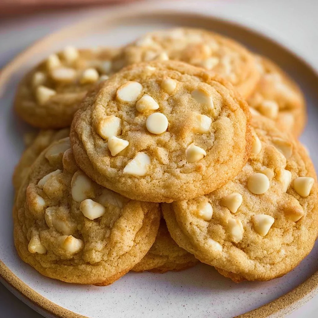 Baked easy white chocolate chip cookies on a cooling rack