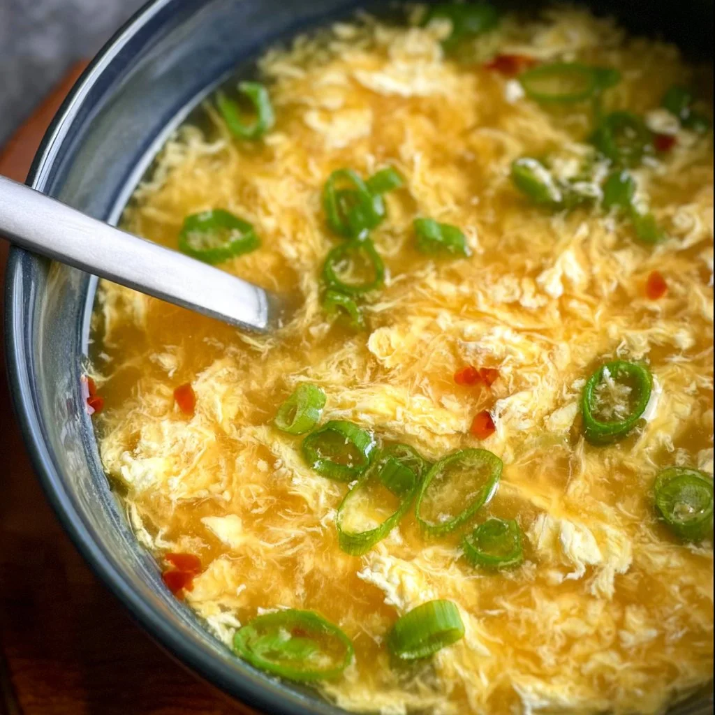 Bowl of delicious Egg Drop Soup with green onions and a sprinkle of pepper