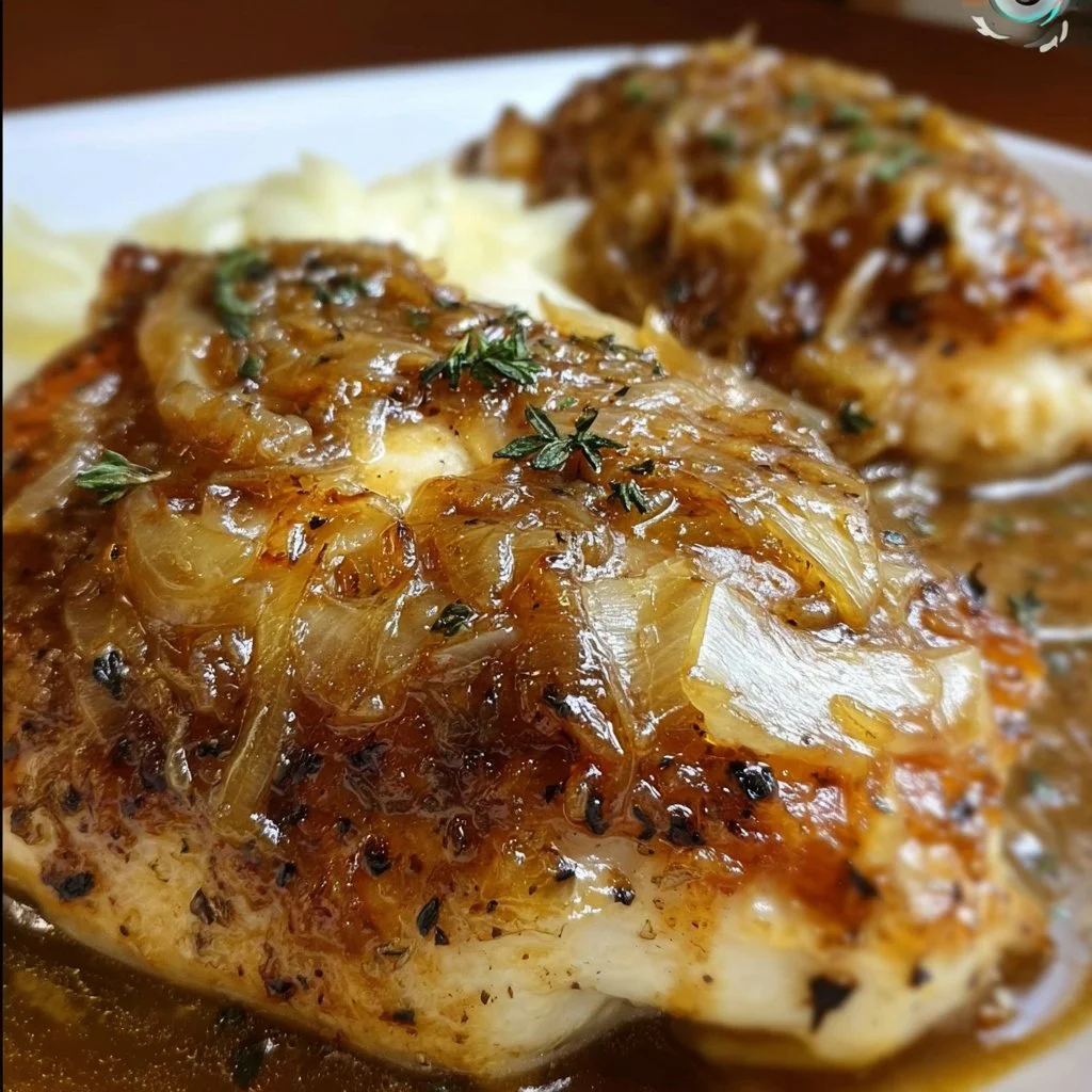 Deliciously baked French Onion Chicken topped with melted cheese and caramelized onions.