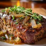 Delicious French onion meatloaf served with caramelized onions and melted cheese