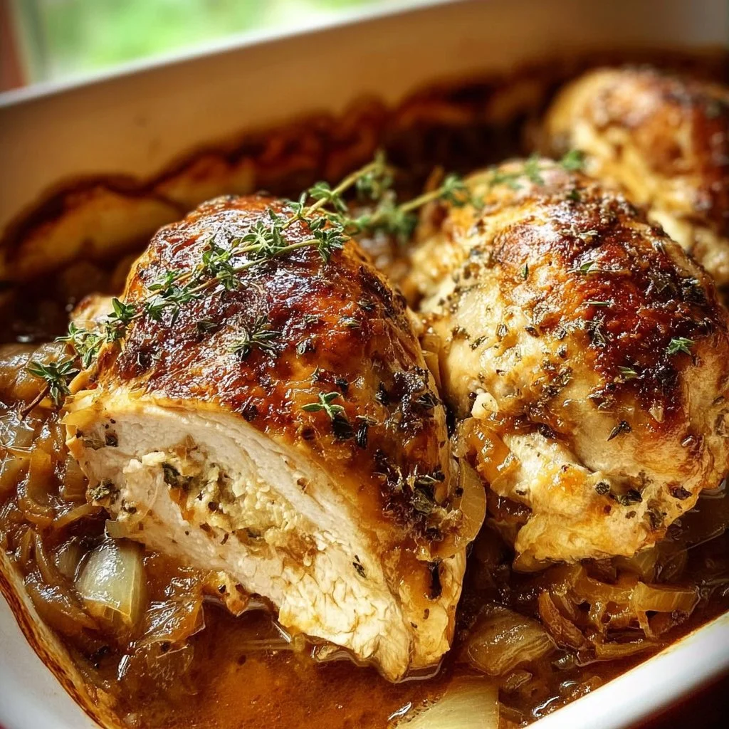 French onion stuffed chicken casserole topped with melted cheese and crispy onions