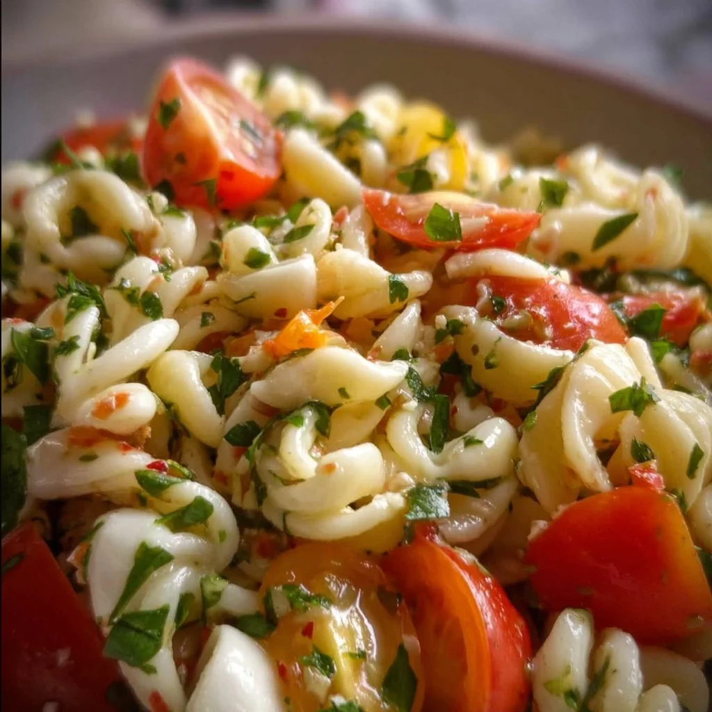 Delicious Fresh Mozzarella Pasta Salad with colorful vegetables and dressing