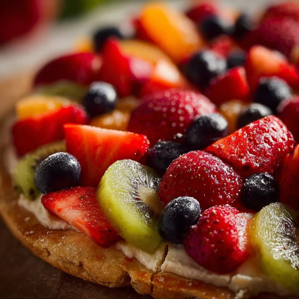 Colorful and delicious fruit pizza topped with various fresh fruits and cream cheese icing.