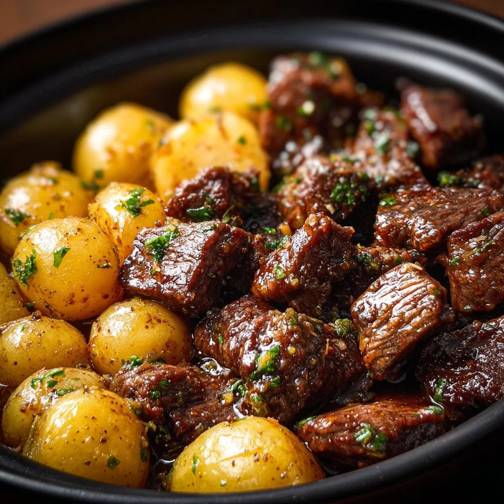 Garlic Butter Beef Bites served with roasted potatoes on a plate.