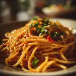 Plate of flavorful Garlic Noodles garnished with parsley and garlic